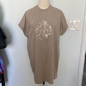 Tan Short Sleeve Tee with Angel Graphic and High Round Neckline